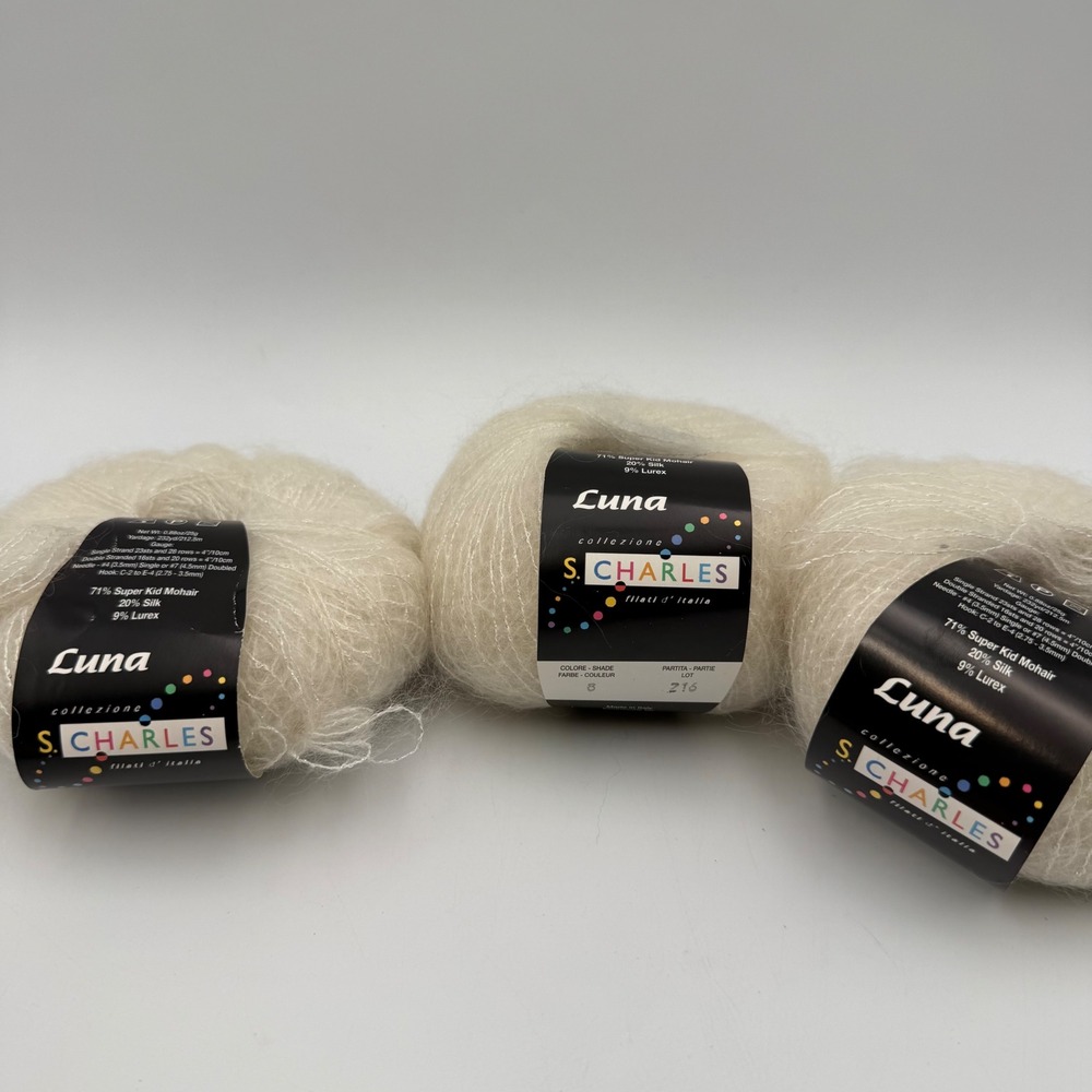 3 Skeins S. Charles Collezione Luna Mohair Silk Lurex Yarn Shade 8 White 696yd